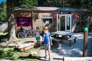 Two boys eat ice lollies next to a picnic bench, outside of a wooden lodge. A bicycle rests against the wall of the wooden lodge.