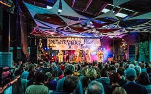 A crowd of people face away form the camera, in front of a stage which displays the slogan 'Purbeck Valley Folk Festival'. A ban performs on stage and white sun shades are draped between rafters of the roof.