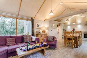 The interior of a Burnbake luxury lodge with purple sofa and wooden furnishings.